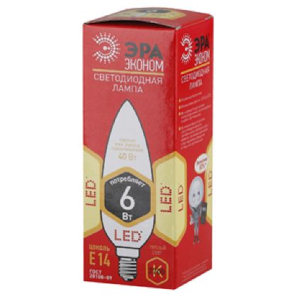 Изображение Лампа светодиодная Эра ECO LED B35-6W-827-E14 (диод, свеча, 6Вт, тепл, E14)